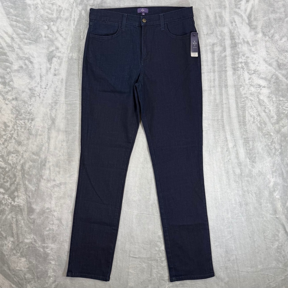 New NYDJ Straight Leg Jeans Women's Size 12 Blue Dark Wash Enzyme Wash